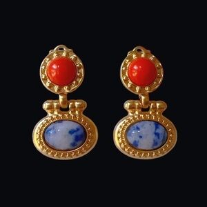 18K GP  France Vintage Byzantine natural Sodalite Earrings